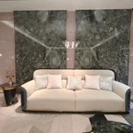 Modern Luxury Sofa Set with High-Gloss Natural Burl Wood Veneer, Gold Stainless Steel Trim & Dual-Tone Upholstery